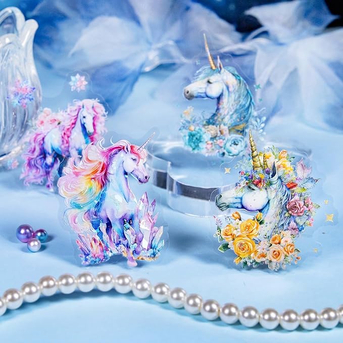 Yoksas 60Pcs Fantasy Holographic Unicorn Stickers - Waterproof Aesthetic Floral Scrapbooking Craft Decorative Stickers for Journaling, Planners, Collage Album
