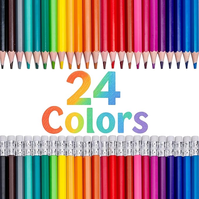 Pre-Sharpened Erasable Colored Pencils, Color Pencils with Erasers for Drawing, Sketching & Coloring, Art Supplies (24 Colors)