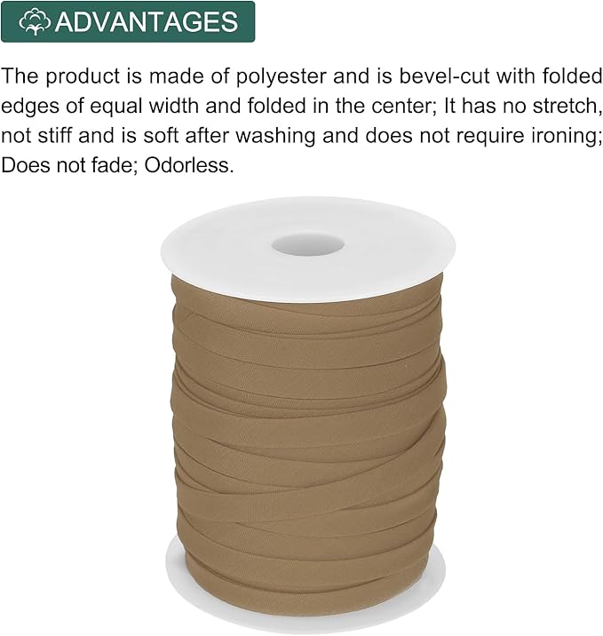 MECCANIXITY 2/5 Inch Double Fold Bias Tape Polyester Continuous Bulk Bias Tape for Sewing,Seaming Quilting Hemming Binding Crafts (Khaki 55 Yards)