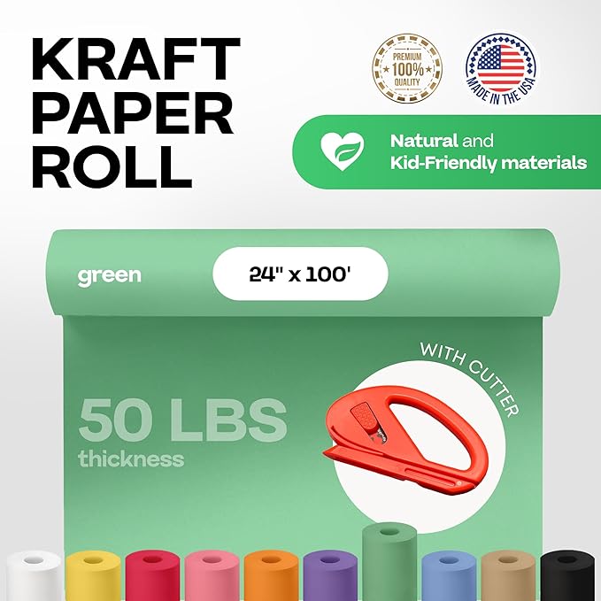 Christmas Green Kraft Paper Roll 24" x 1200" (100 ft) with Cutter - USA-Made Gift Wrapping Paper for Packing, Moving, Shipping & Crafts/Arts - 100% Recyclable Natural Craft Material by IDL Packaging