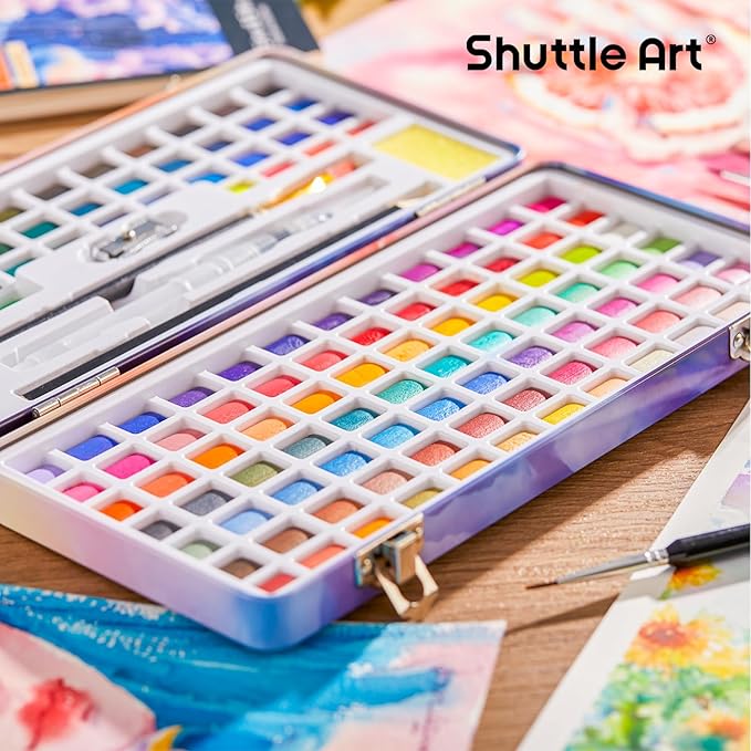 Shuttle Art Watercolor Paint Set, 128 Vibrant Colors with Metallic Shades, Travel Water Color Set with Watercolor Brushes, Palette, Watercolor Sketchbook and Coloring Sheets for Adults, Kids, Artists