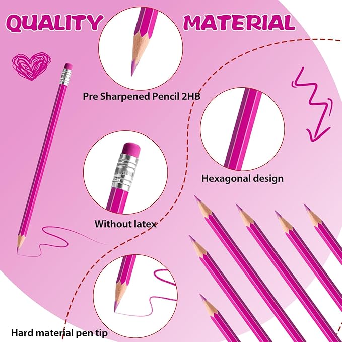 36 PCS Pink Checking Pencils Erasable Colored Pencils with Eraser Pre-Sharpened 2 HB for Checking, Grading, Tests & Office/School Supplies (Pink)