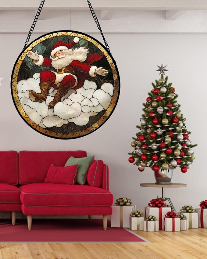Stained Glass Window Hanging - Red White Santa Claus Clouds Suncatcher for Doors Home Christmas Decoration Sun Catcher Thanksgiving New Year Birthday Gifts for Friend Women Men Mom Nana 15 in