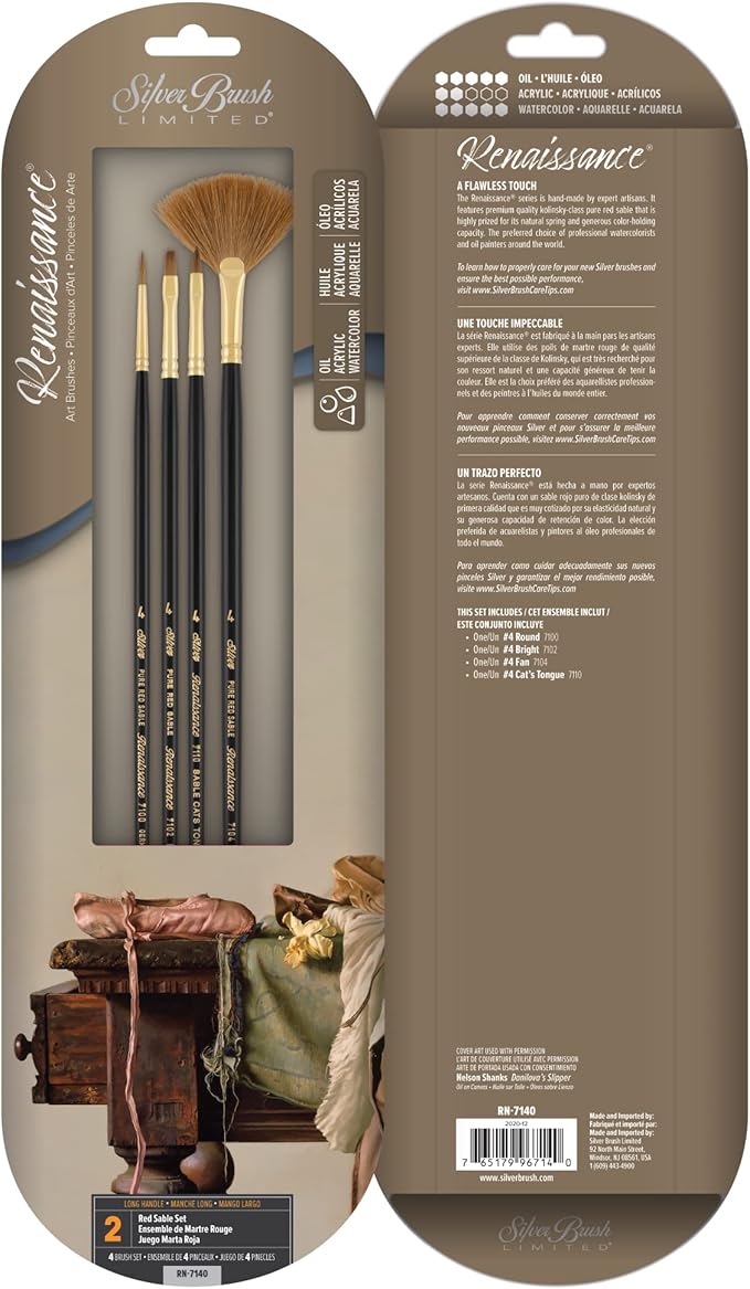 Silver Brush Limited RN-7140 Renaissance Red Sable Set, Paintbrushes for Oil, Watercolor, Gouache, Inks, Dyes, and Acrylics, Set of 4, Size 4 Round, Bright, Fan, & Cat's Tongue Brushes, Long Handle