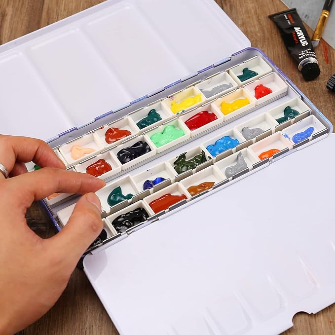MYARTOOL Empty Watercolor Palette, Metal Watercolor Tin Palette Paint Case with 24 Empty Full Pans, Paint Tray Palette for DIY Travel Watercolor Palette, Acrylic and Oil Painting