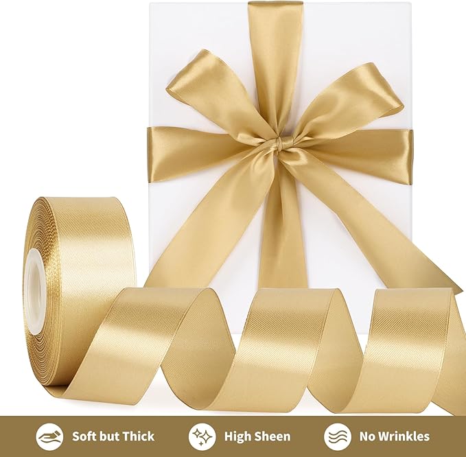 1-1/2 Inch Wide Champaign Gold Satin Ribbon, 50 Yards Solid Polyester Fabric Ribbon for Roses Making, Gift Wrapping, New Year Eve Party, Wedding Decorations, Crafts, Bows