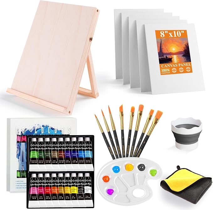 Paint Set, Acrylic Paint Set for Kids & Adults - Painting Supplies with18 Acrylic Paints, 8 Painting Brushes, 5 Canvas Panels, etc