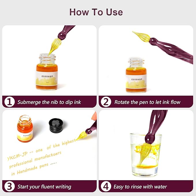 ESSSHOP Glass Pen Calligraphy Set - 3 Purple Crystal Dip Pens Color Ink and Pen Holder Art Supplies Kit for Signatures Beginners Journaling Lettering Drawing Holiday Gift Decoration