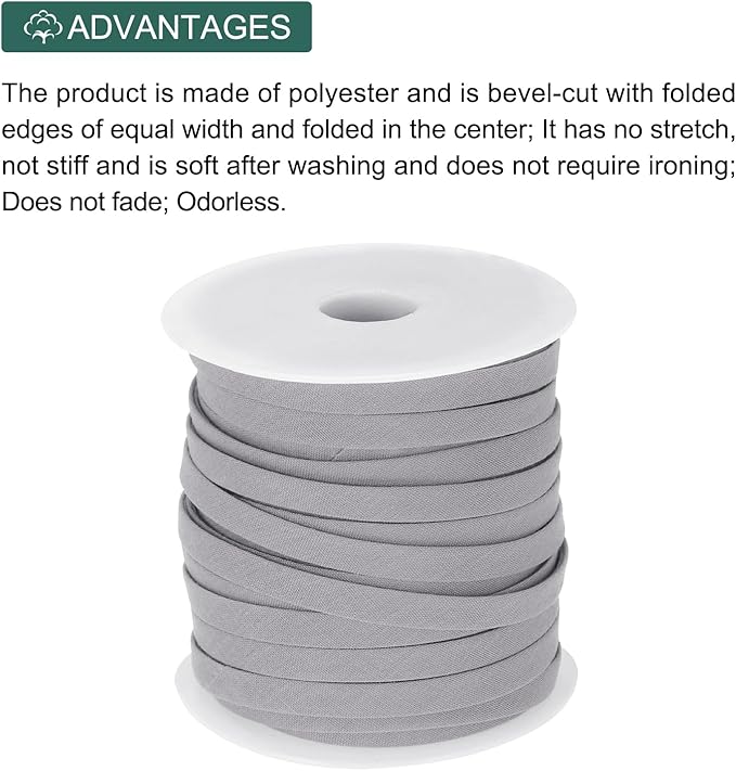 MECCANIXITY 1/4 Inch Double Fold Bias Tape Polyester Continuous Bulk Bias Tape for Sewing,Seaming Quilting Hemming Binding Crafts (Grey 25 Yards)