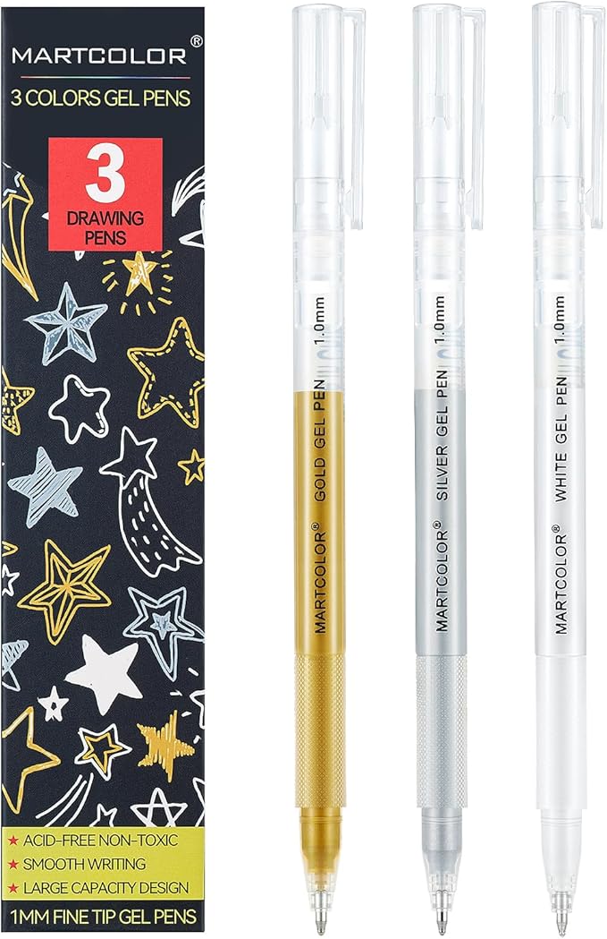 Gold Silver White Gel Pens, 1mm Fine Point Gel Ink Pen Opaque Archival Ink Pens for Black Paper Drawing, Sketching, Illustration, Card Making, Bullet Journaling, 3 Pack