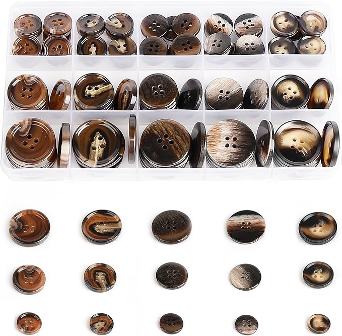 110Pcs Brown Patterned Mixed Sewing Buttons, 4-Hole Craft Round Blazer Buttons, 5 Color 3 Size (15mm, 20mm, 25mm) Suit Coats Resin Button, for Variety Clothing Sewing, DIY Craft (Brown Patterned)