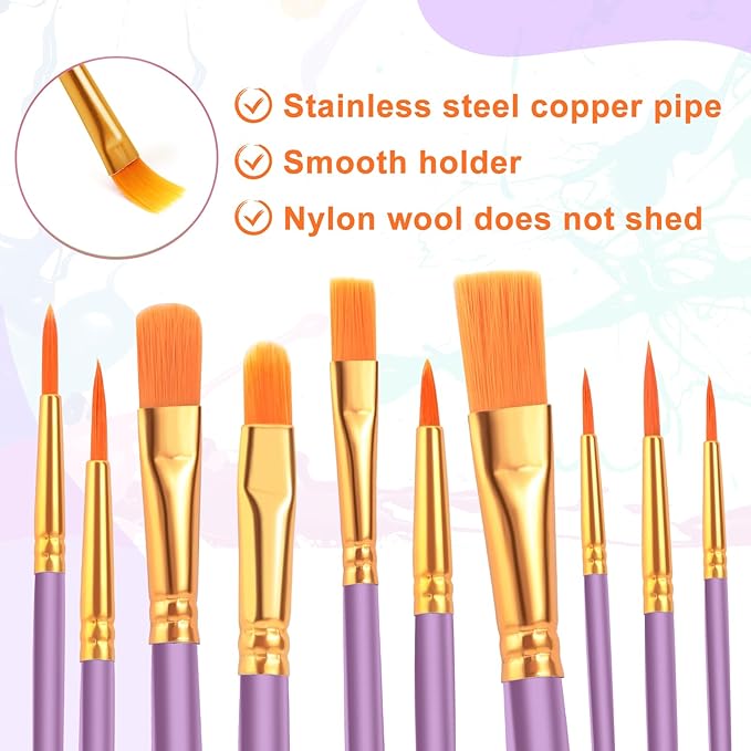 ESRICH Paint Brush Set,6 Packs 60 Pcs Nylon Hair Paint Brushes for Acrylic Painting,Artist Paintbrushes for Acrylic,Oil,Watercolor Painting,Face Nail Art,Paint Brushes for Kids,Purple