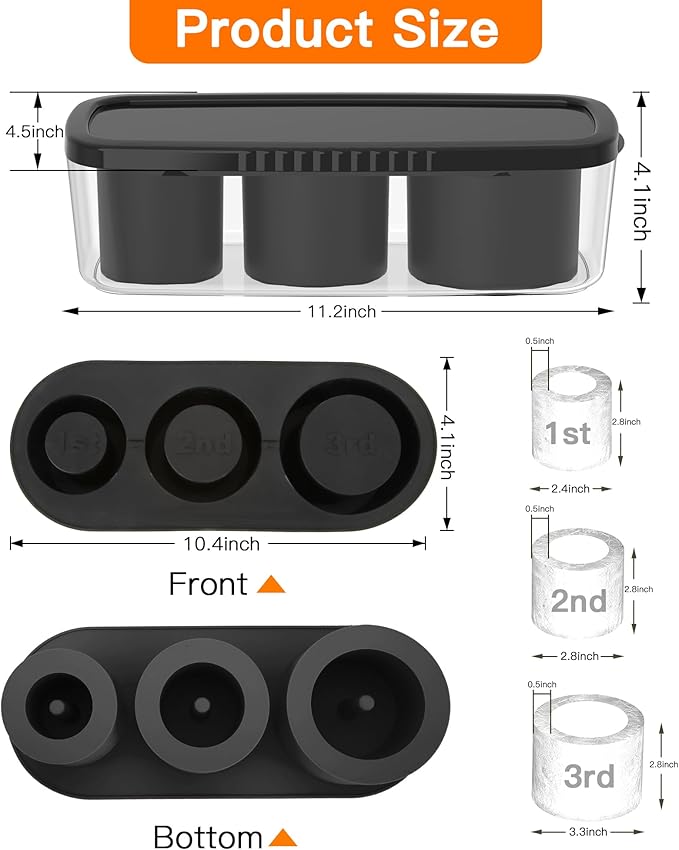 Ice Cube Tray for Tumbler Cup 30Oz-40Oz, 3 Pcs Silicone Cylinder Ice Mold with Lid and Bin for Freezer, Easy Fill and Release Ice Maker for Whiskey, Cocktail BPA-Free (Black, 40Oz-Type2)