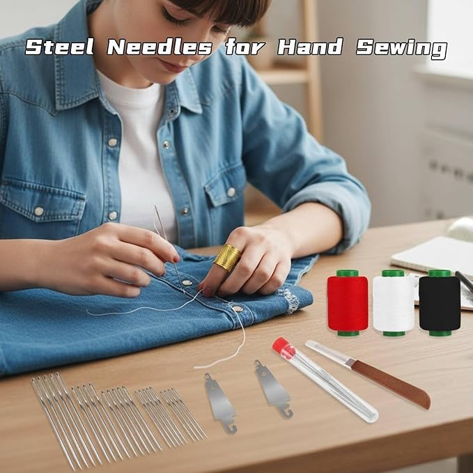 Big Eye Steel Sewing Needles Kit, Stainless Steel Needles for Hand Sewing, Sewing Working Kit for Beginners, Steel Needles, Seam Sewing Thread Ripper, Needle Threaders, Reels of Threads, Thimbles (34)