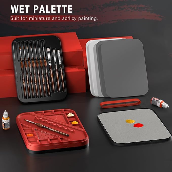 Wet Pallet for Painting Miniatures - Golden Maple 2 in 1 Dry and Wet Palette with Lid, Including 11 Miniature Paint Brushes,100PCS Palette Paper, 4PCS Sponges, Paint Brushes Holders