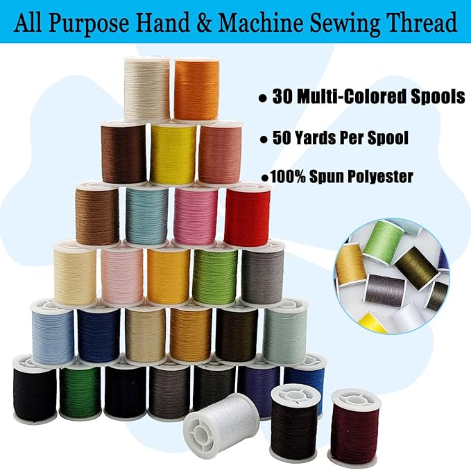 YEQIN Polyester Sewing Thread Set - 30 Assorted Colors, 50 Yards per Mini Thread Spool, Sewing Kit Includes 5 Large Eye Hand Needles, 2 Needle Threader, 1 Thimble, Suitable for Hand and Machine Sewing