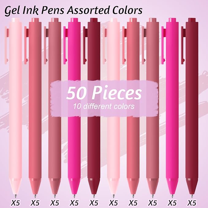 Crtiin 50 Pcs Gel Ink Pens Bulk, Black Ink 0.5mm Fine Point Retractable Pen Smooth Writing Office Supplies for Teacher Server Nurse Christmas Charity Donation Valentine (Pink Series)