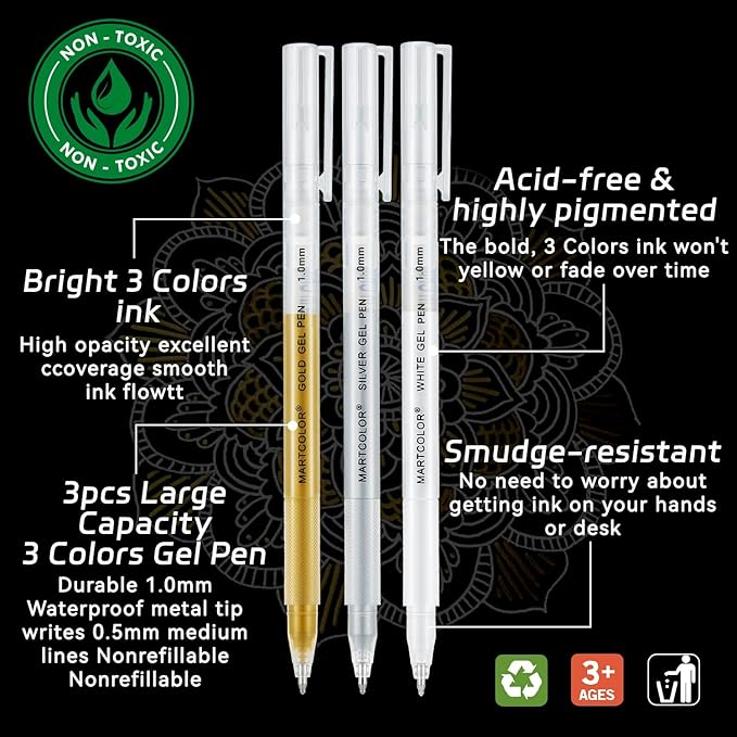 Gold Silver White Gel Pens, 1mm Fine Point Gel Ink Pen Opaque Archival Ink Pens for Black Paper Drawing, Sketching, Illustration, Card Making, Bullet Journaling, 3 Pack