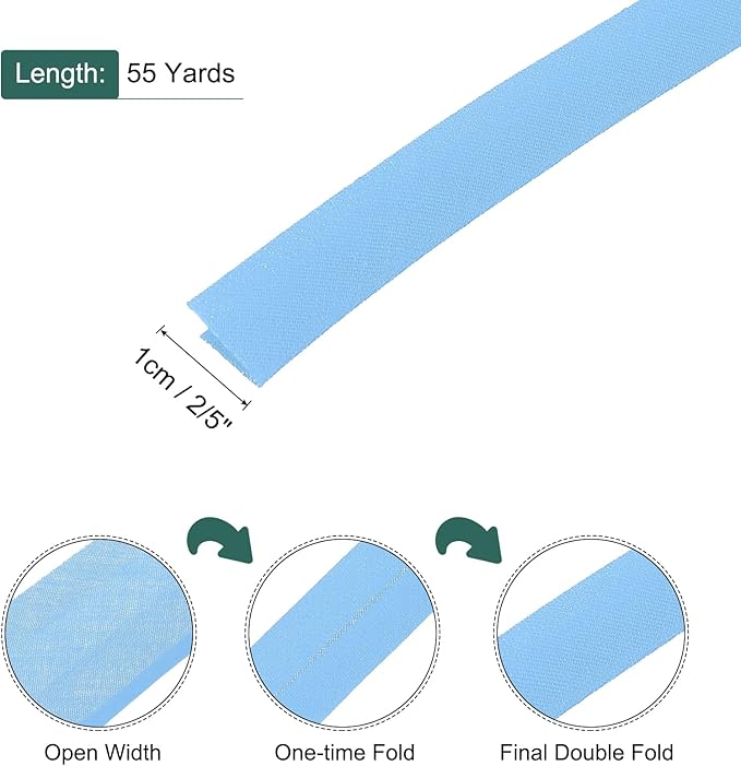 MECCANIXITY 2/5 Inch Double Fold Bias Tape Polyester Continuous Bulk Bias Tape for Sewing,Seaming Quilting Hemming Binding Crafts (Light Blue 55 Yards)