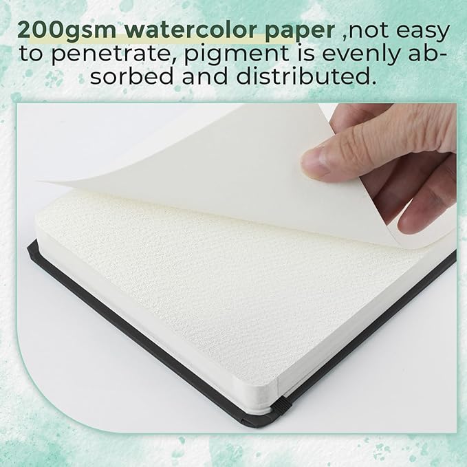Joibabe Watercolor Journal，Cold Press Watercolor Paper Sketchbook 8” x 5”，36 Sheets 200gsm Watercolor Paper, Acid-Free for Watercolors, Gouache, Acrylics and Mixed Media（Black）