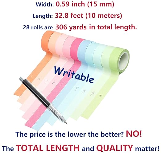 28 Rolls Washi Masking Tape Set, 15mm 306 Yards Colorful Rainbow Pastel Decorative Colored Writable Washi Craft Tape Set for DIY Crafts Scrapbook Designs