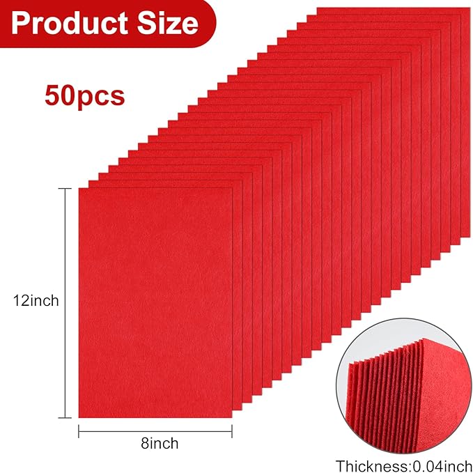 CHRORINE 50 Pcs Assorted Color Felt Fabric Sheets 8" x 12" Soft Felt Fabric Sheet for Crafts DIY Sewing Squares Nonwoven Patchwork (Red)