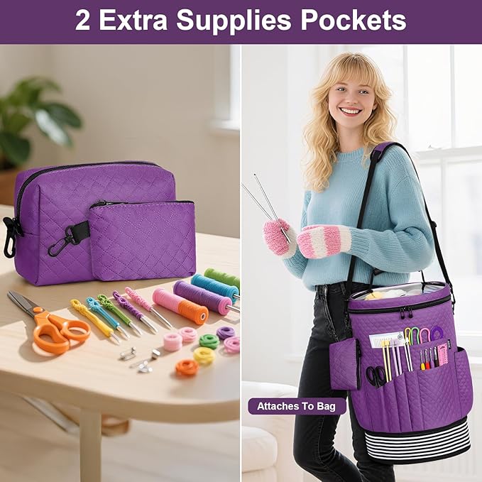 IBFUN Crochet Yarn Knitting Bag 3PCS - Expandable Yarn Storage Organizer Crocheting Bag with Accessories Cases Adjustable Strap for Hooks, Needles, Accessories, Crochet Lovers, Supplies, Beginners