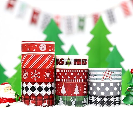 Christmas Washi Tape Set,12 Rolls Red Black Green Plaids Holiday Decorative Tape Xmas Tree Snowflake Elk Masking Tape for Journaling Supplies,Journal, Scrapbooking, Arts & Crafts,Gift Wrapping