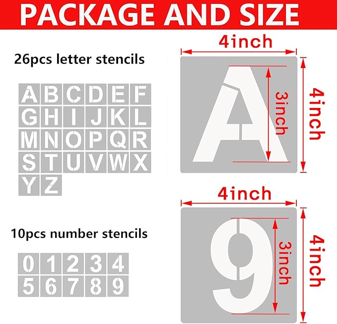 4 Inch Letter Stencils and Numbers, 36 Pcs Alphabet Art Craft Stencil, Reusable Plastic Templates for Wood, Wall, Fabric, Rock, Signage (4 Inch)