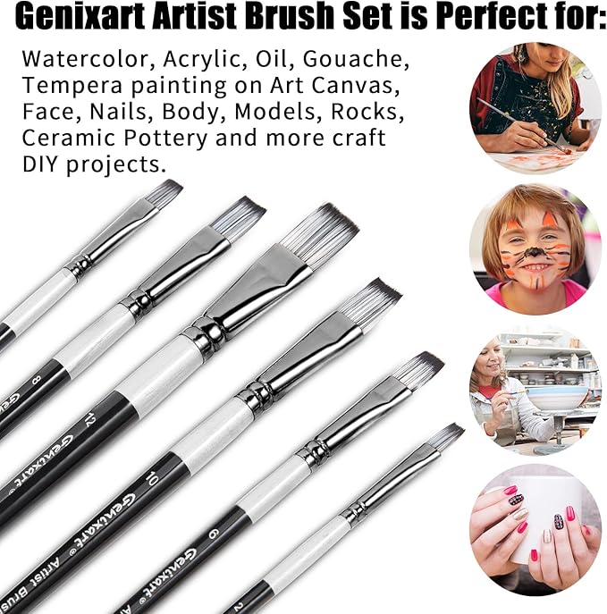 Flat Paint Brushes Set, 6 Pcs Artist Paintbrushes for Acrylic Oil Watercolor Gouache Painting, Premium Nylon Hair Art Paint Brush for Beginners and Professionals