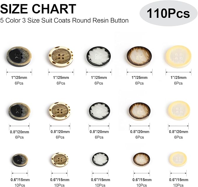 110Pcs Mixed Sewing Buttons, 4-Hole Craft Round Blazer Buttons, 5 Color 3 Size (15mm, 20mm, 25mm) Suit Coats Resin Button, Suitable for Variety Clothing Sewing, DIY Craft (Style C)