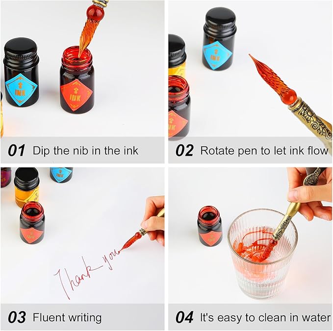 GC QUILL Feather Glass Dip Pen and Ink Set, Glass Calligraphy Pen with 5 Colors Ink and Pen Holder for Writing Drawing– MU-21