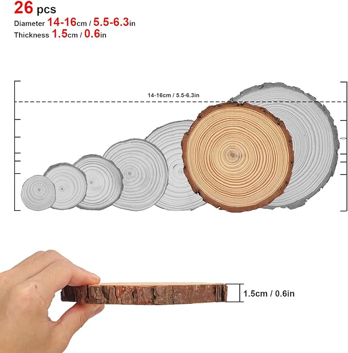 26 PCS Unfinished Wood Slices for Centerpieces, 5.5-6.3 Inch Natural Wood Slices with Tree Bark Pine and Wood Rounds Discs for DIY Crafts, Centerpieces, Art & Decor