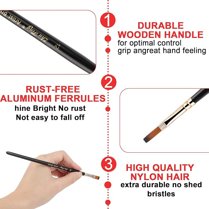 12 Pcs Filbert Paint Brushes Soft Artist Brushes Flat Nylon Bristles Painting Brushes with Wood Handle Paint Brush Set for Acrylic Oil Watercolor Gouache Painting