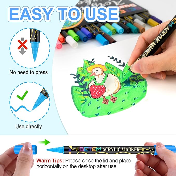Betem Acrylic Paint Markers, Dual Tip 24 Colors Acrylic Paint Pens with Brush Tip and Fine Point, Art Supplies for Rock, Wood, Canvas, Stone, Glass, Ceramic, Rock Painting Christmas Gift
