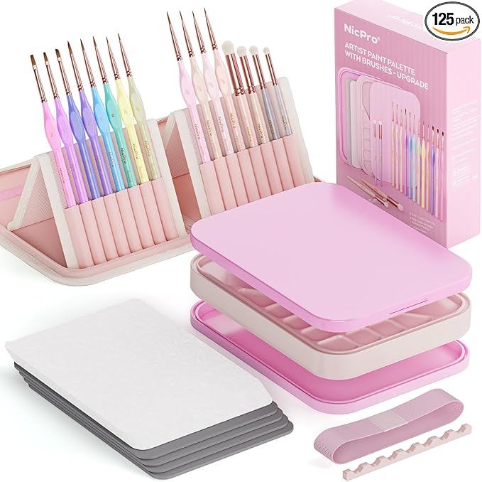 Nicpro Aesthetic Miniature Painting Kit, Stay Wet Palette & 16PCS Detail Paint Brushes Drybrush with Bag, Pallet Paper, Sponges, Mixing Paints Saver Palette for Acrylic, Paint by Numbers, Cute Figures