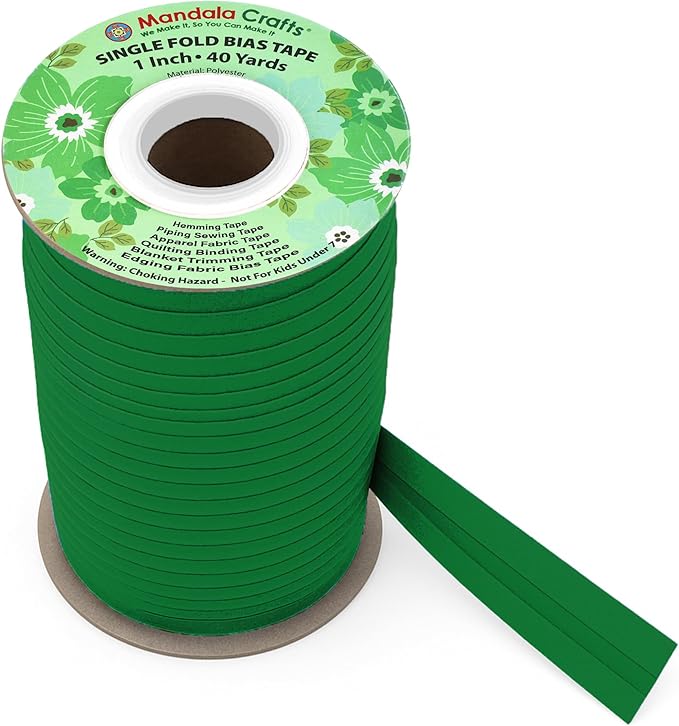 Mandala Crafts 1 Inch Single Fold Bias Tape for Sewing, Quilting, Piping, Hemming, Blanket & Quilt Binding – 40 Yards Green Fabric Seam Binding Tape