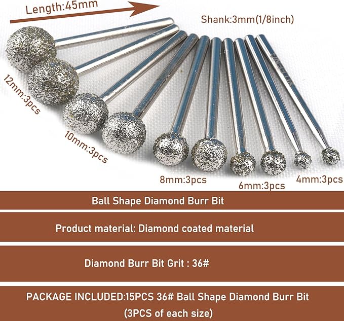 1/8 Shank Diamond Grinding Burr Drill Bit Ball Shape Diamond Rotary Bit,15pcs 36# Course Burrs Set Mounted Points Bit Universal Fitment Rotary Tool for Stone Carving, DIY,Polishing, Engraving
