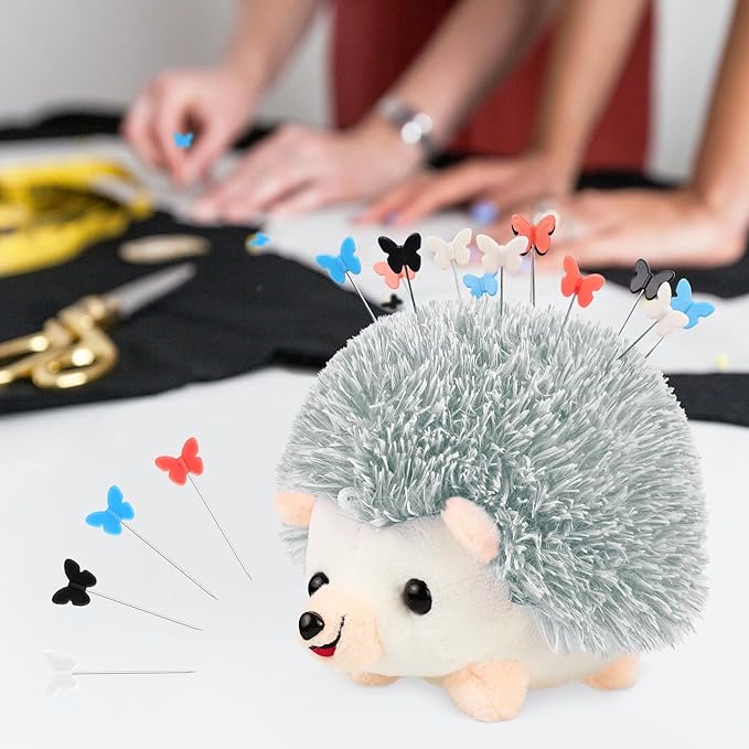 Hedgehog Shaped Pin Cushion Sewing Kit, Sewing Pincushion with 100 Pcs Colored Butterfly Pins for Sewing Dressmaker (Gray)