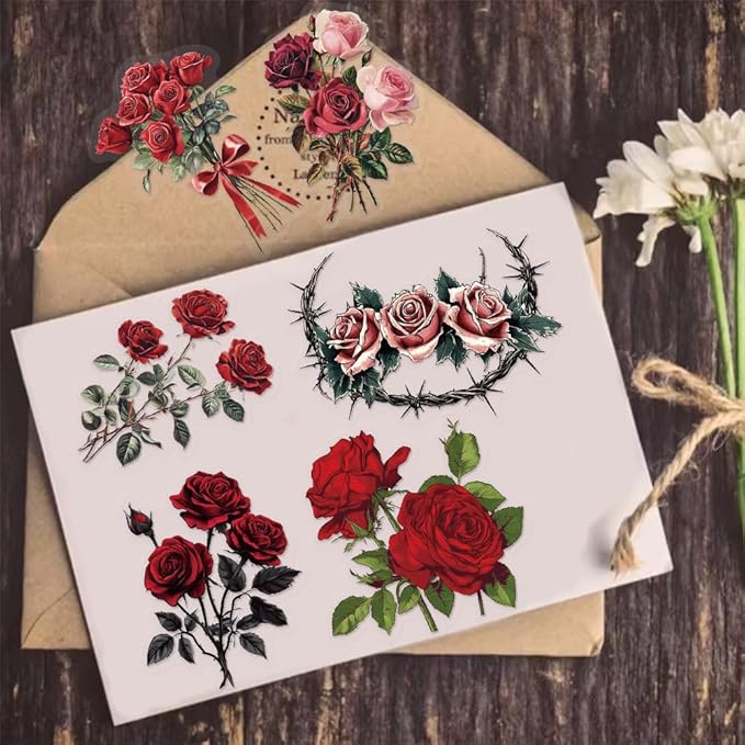 50 Pcs Vintage Red Rose Stickers for Scrapbooking – Retro Floral Clear Botanical Flower Stickers for Journaling, Aesthetic Decor, Collage, Cards Crafts