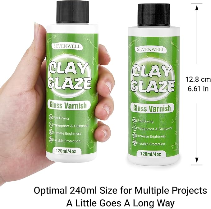 SEVENWELL 240ml Air Dry Clay Glaze, Gloss Clay Varnish Prevent Clay from Surface Wear, Cracking, Scratches, Sealer for Air Dry Clay, Polymer Clay, ResinCrete, Pottery, Acrylic Paint