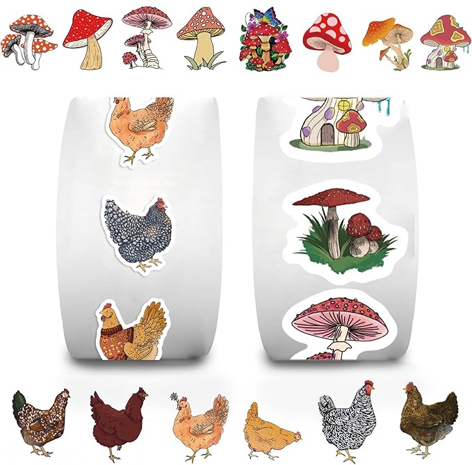 1000 Pcs Autumn Cute Hen and Mushrooms Stickers Rolls Funny Chickens and Fantasy Mushroom Stickers in 20 Patterns, Vinyl Decals Roll for Gift Wrapping Scrapbook Journal Decor