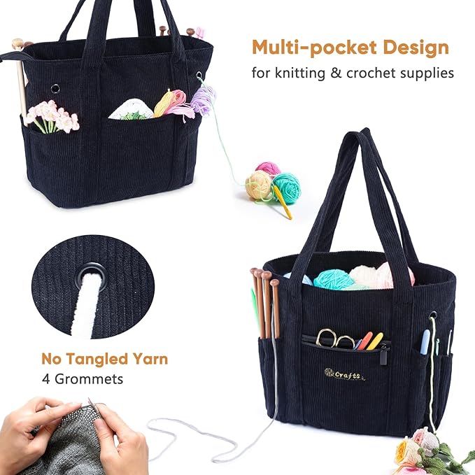 Crochet Bag and Tote - Corduroy Yarn Bag - Yarn Holder for Crocheting - Crochet Storage Bag for Crochet Hooks, Crochet Accessories, Knitting Bag for Crochet Lovers, Mother's Day Gift