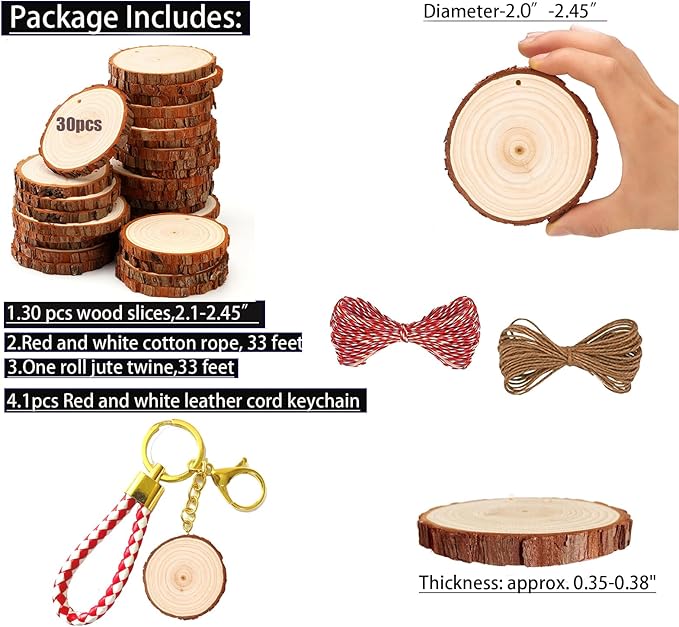 SENMUT Natural Wood Slices 30pcs 2.0"-2.45" Predrilled Wood Circles for Crafts Christmas Wood Slices for Crafts Round Wooden Discs DIY Wood Ornament