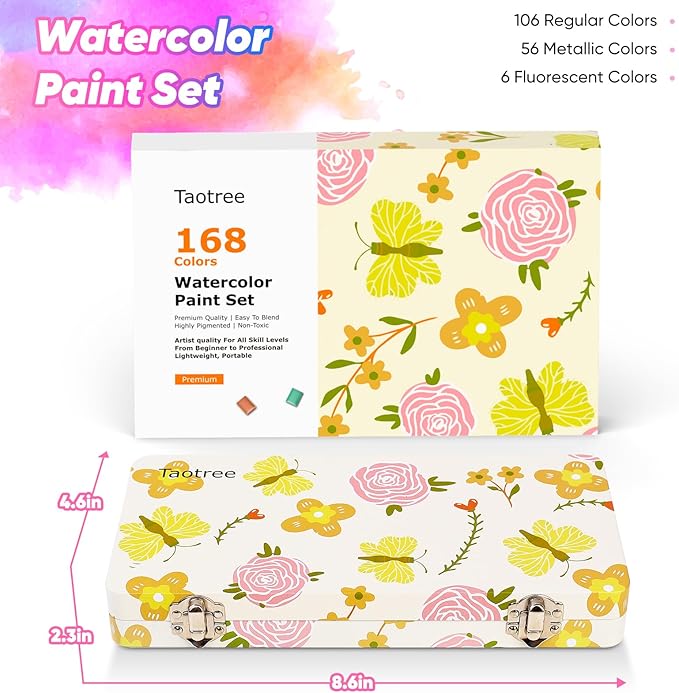 Taotree Watercolor Paint Set 168 Colors, Art Supplies Watercolors Kit Travel Water Colors with 3 Paints Brushes, Crafts Painting Supplies, Drawing Christmas Gifts for Adults Artist Drawing, Painting