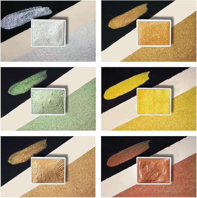 Art Supplies Handmade Watercolor Paint Set - 6 Metallic Gold Colors Half Pans Glitter Solid Water Color- Metal Case Sparkle Pearlescent Watercolour for Artists. White Green