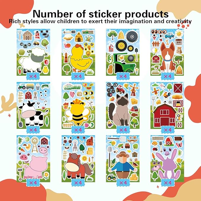 48 Sheets Make Your Own Stickers for Kids, Make a Farm Animal Face Sticker Sheets with Farm and Cute Animals for Kids Birthday Party Favors Supplies Teacher Reward