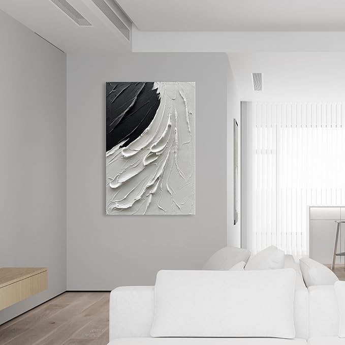 NANKAI Art 36x24 Inches Hand-Painted Thick Textured Black and White Minimalist Oil Painting Home Wall Decorative Art Oil Painting