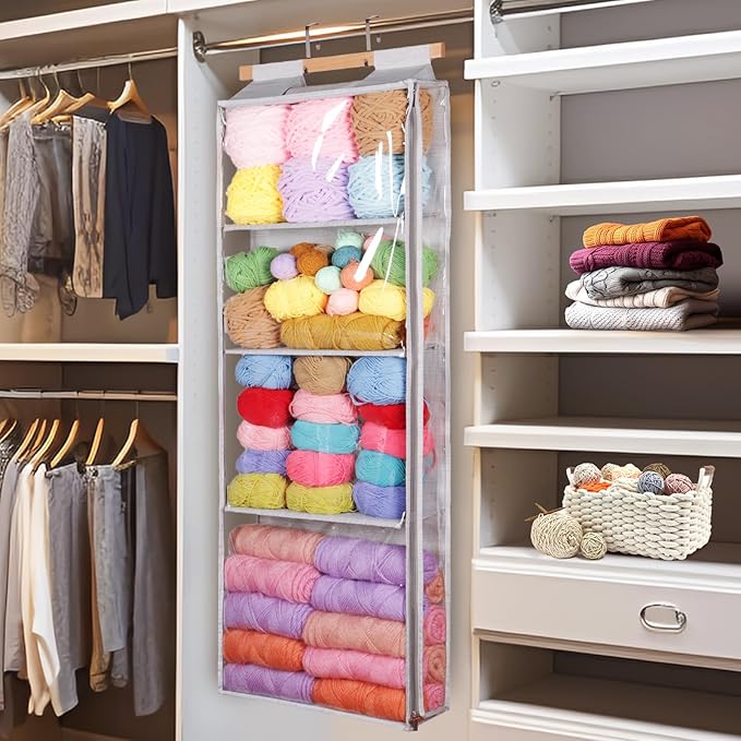 Yarn Storage Organizer with 4 Large Pockets, Clear Yarn Organizer and Storage with Zippers for Crochet Lovers, Hanging Yarn Storage with Over-Door Hooks for Knitting Needles Crochet Hooks