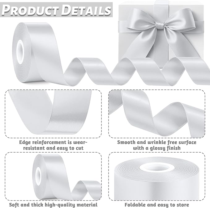 Fullive Silver Ribbon, 1 1/2 Inch 30 Yards Silver Ribbon for Flower Bouquet, Polyester Solid Christmas Tree Ribbons for Birthday Christmas Decorations DIY Bows Wrapping Bouquet Floral Arrangements